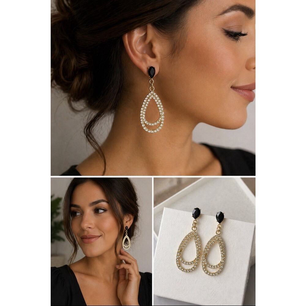 Gold Tone Rhinestone Teardrop Dangle Earrings Black Stud Statement